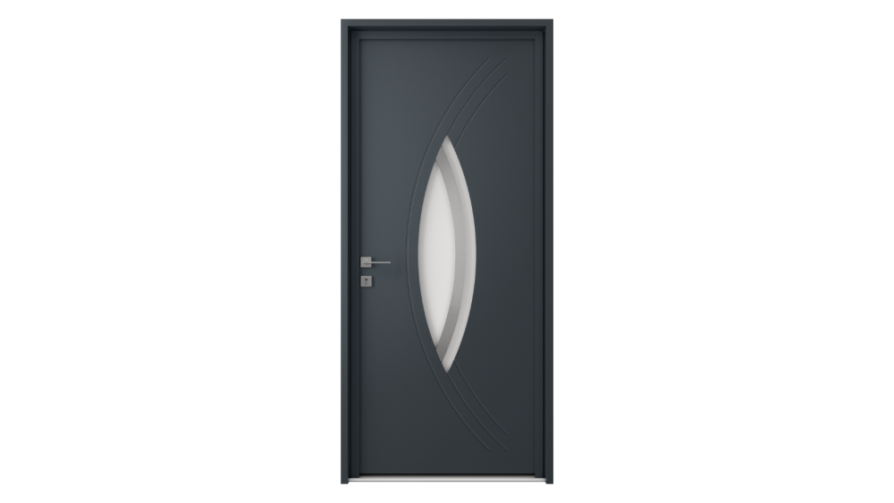 Porte d'entrée aluminium RODHES Porte d'entrée grise avec décor vitré et courbes décoratives